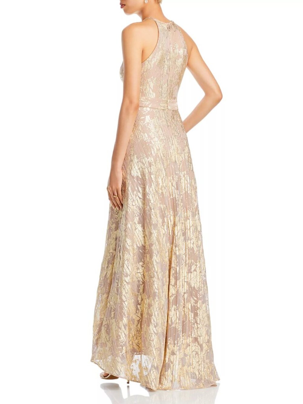 AQUA - Foil Knit Metallic Halter Gown